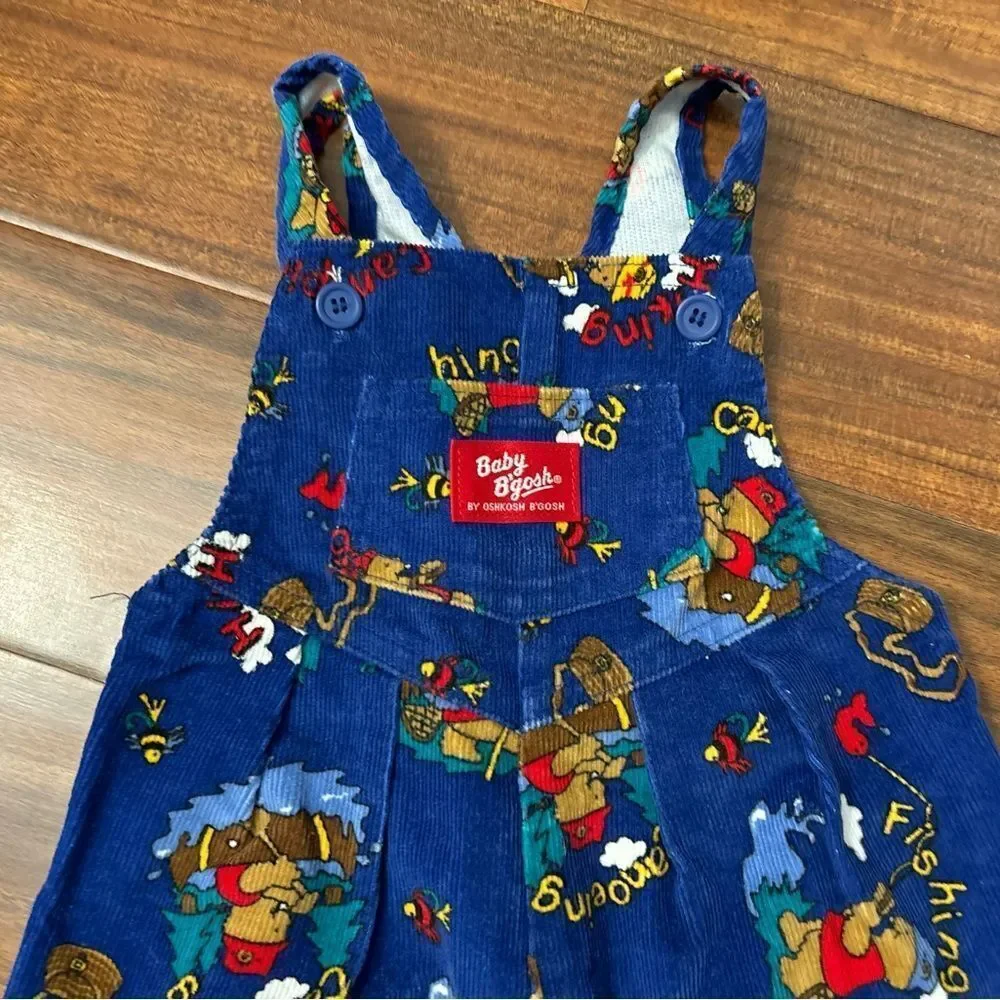 Osh Kosh B’Gosh vintage corduroy blue bear hiking fishing camping overalls